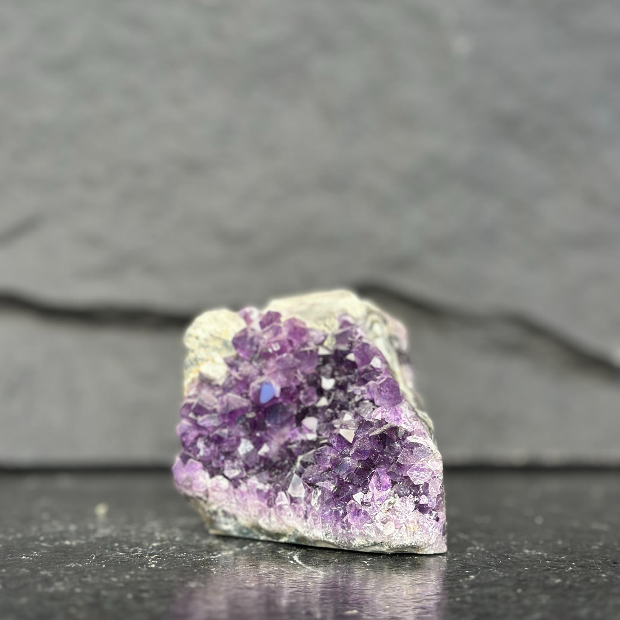 Amethyst crystal on a dark surface with a gray background