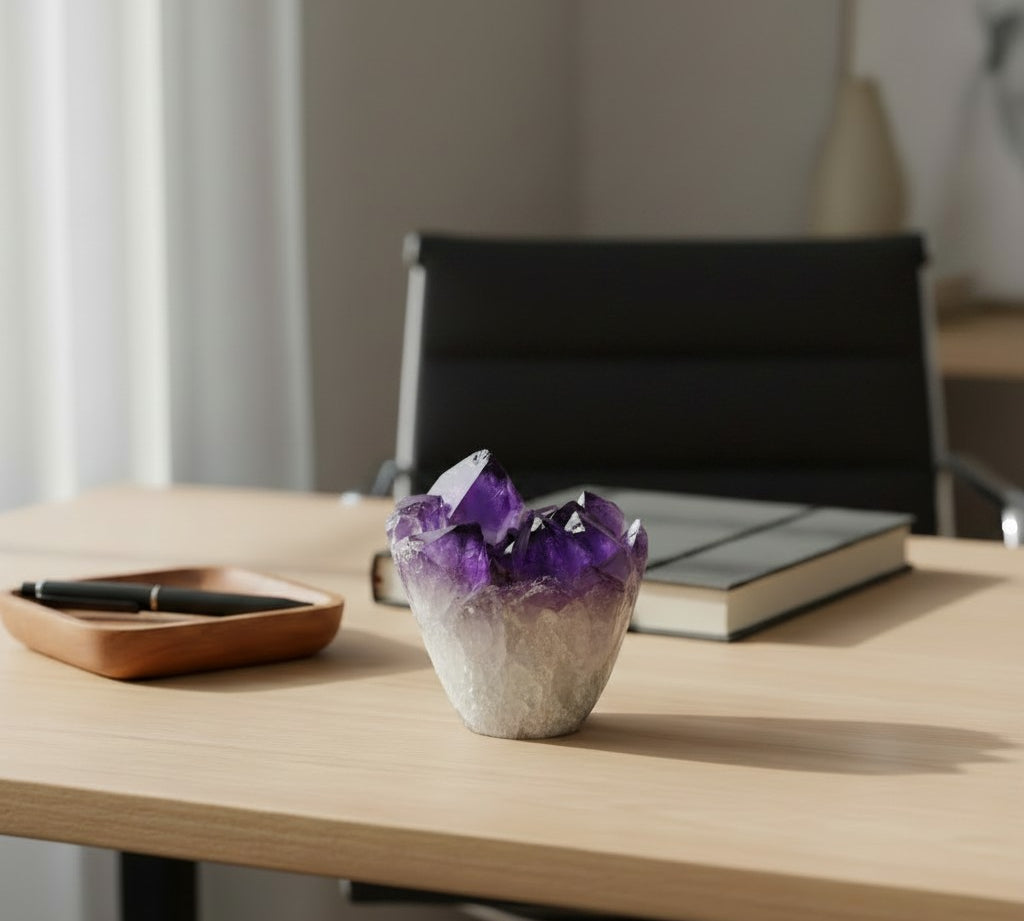 Amethyst crystal in a clear container on a wooden desk with a book and pen in the background.
