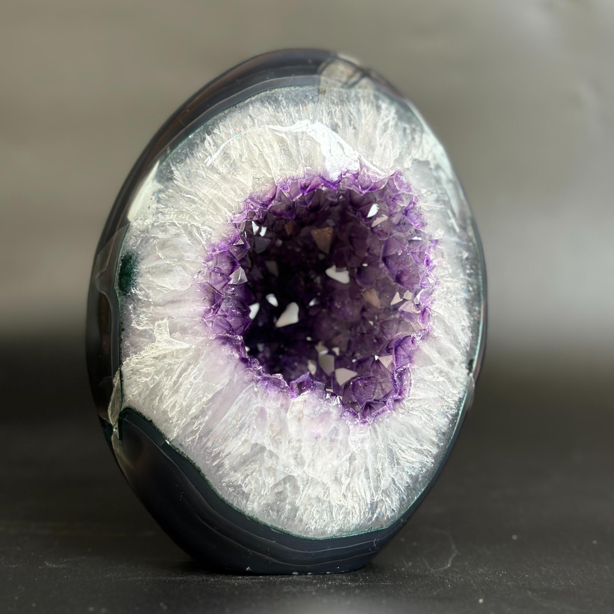 A polished geode specimen with a dark black outer layer, a white crystalline matrix, and a vivid purple crystal cavity, photographed on a dark surface against a soft gray background.