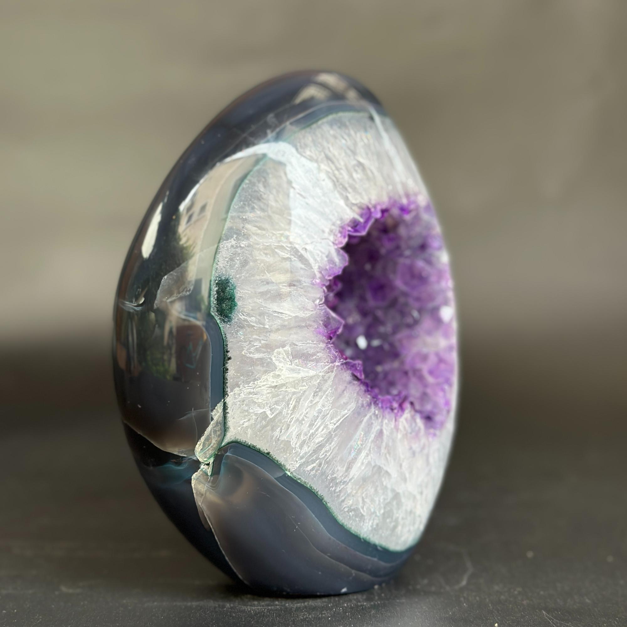 A polished agate stone geode with a dark blue-gray outer shell, a white crystalline interior, and a vibrant purple crystal cavity, displayed on a dark surface against a blurred gray background.