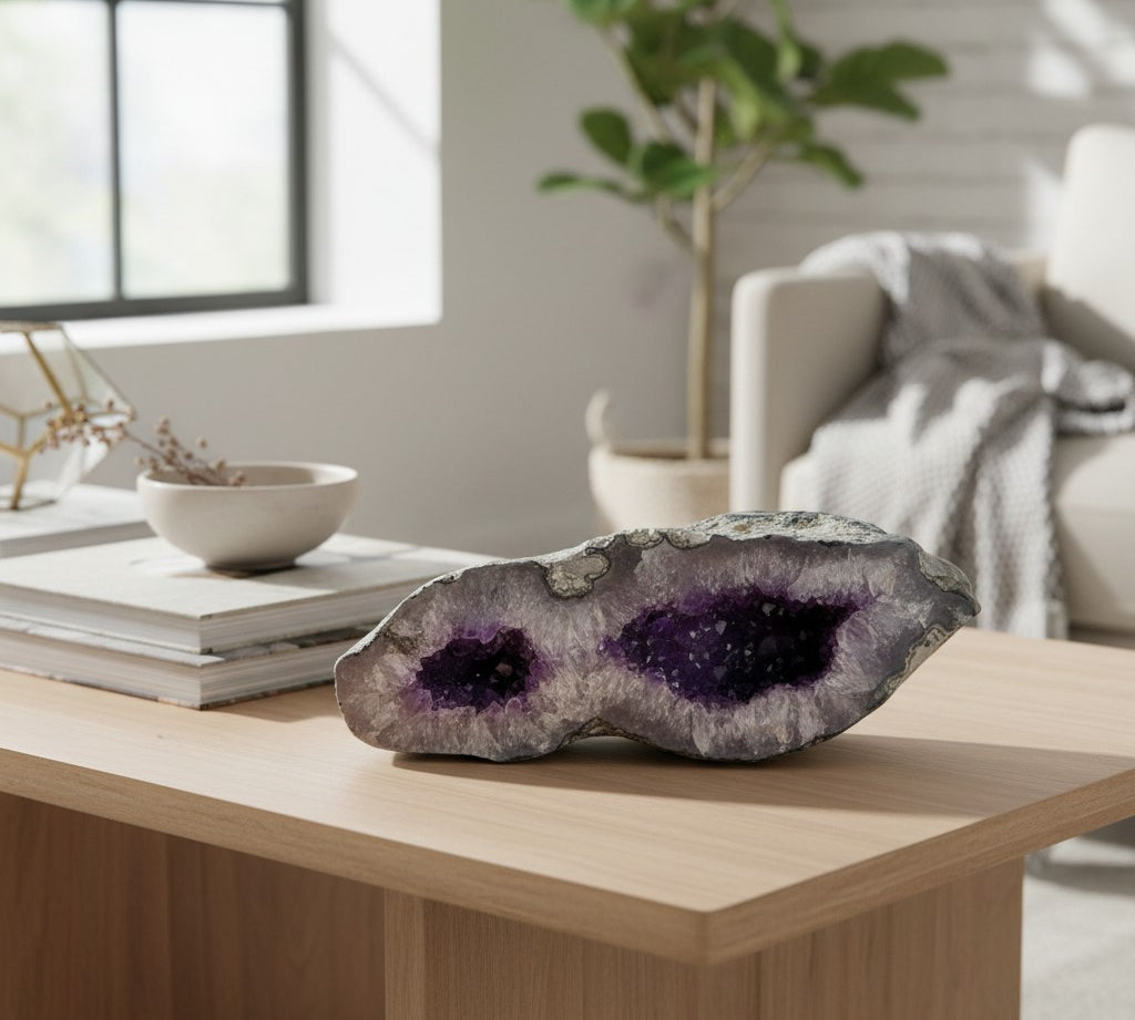 A natural amethyst geode with dark purple crystal cavities and a gray outer matrix, displayed on a light wood coffee table in a modern, sunlit living room.