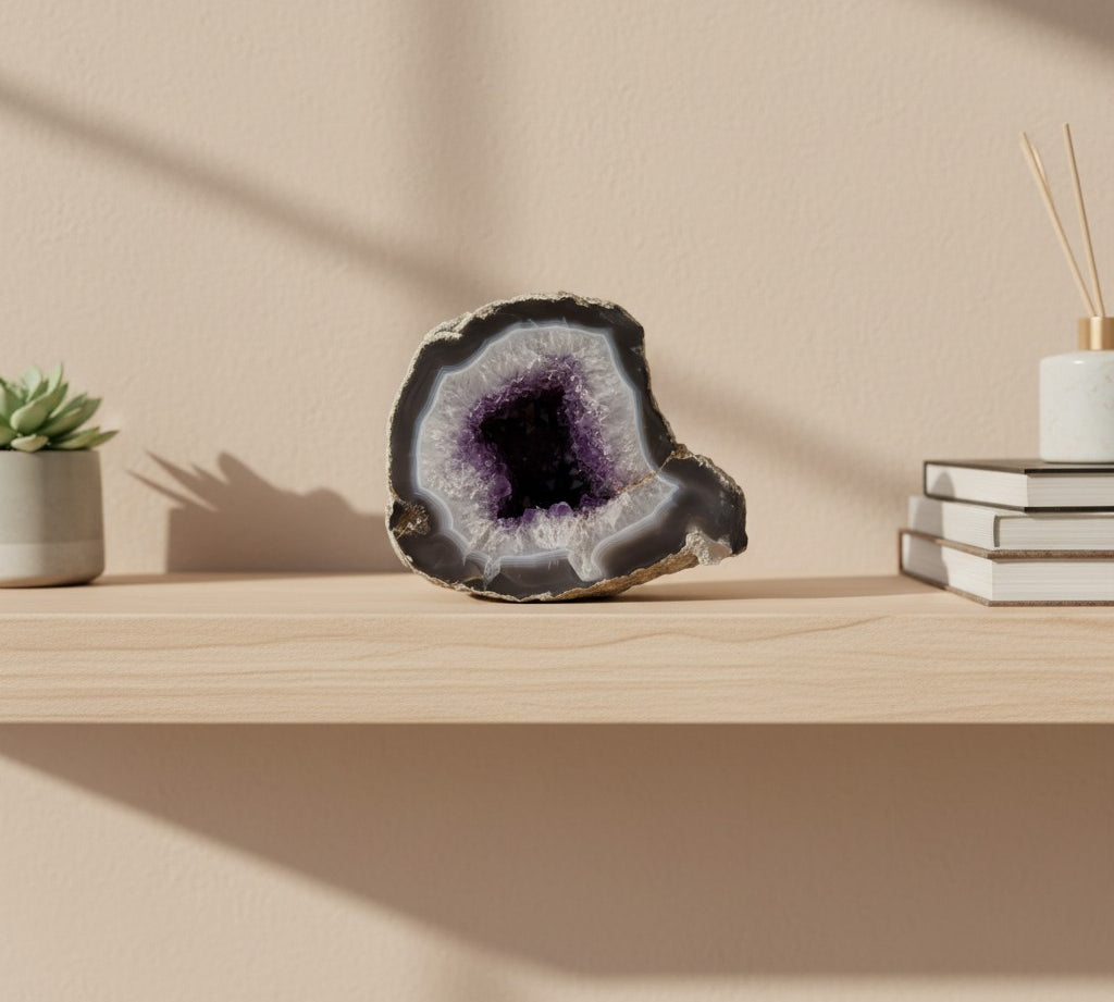Geode on a wooden shelf with a minimal background