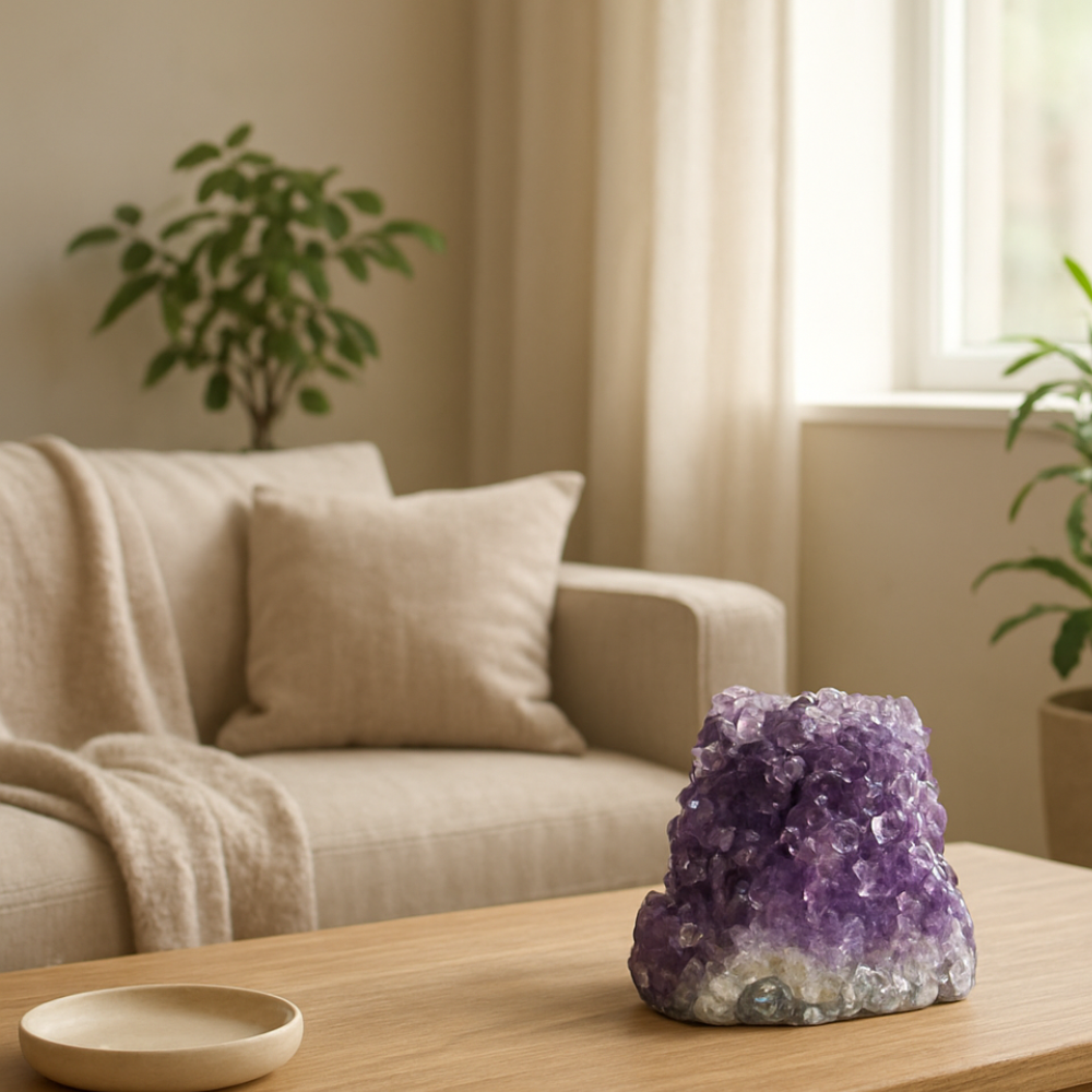 Vibrant purple amethyst geode cave with agate formations on a wooden table in a minimalist living room.