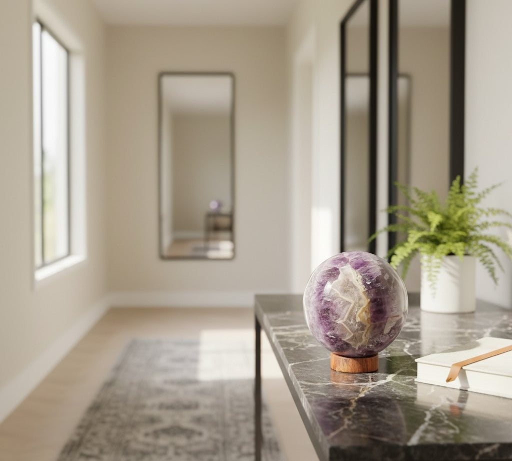 Decorative crystal ball on a table in a modern living room.