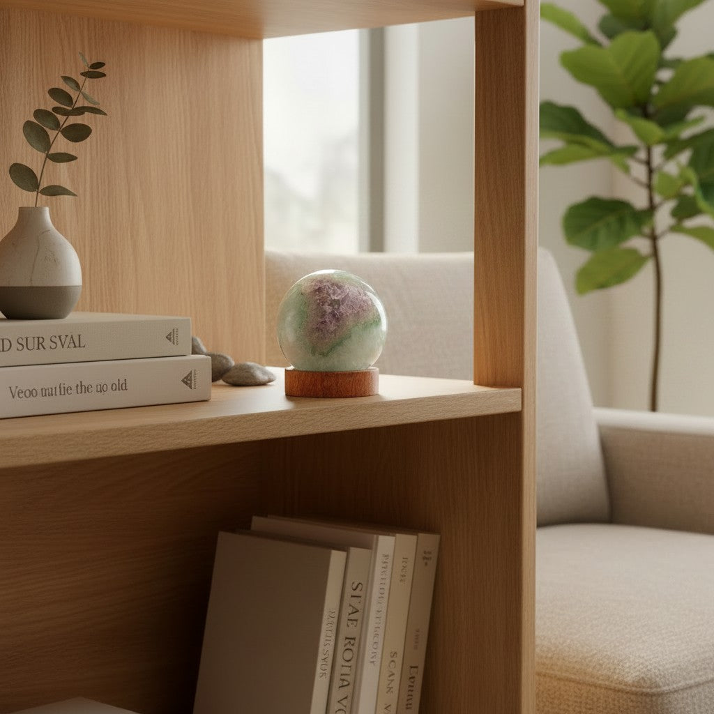 A round crystal ball with a purple and green marbled pattern sits on a wooden base on a light wood shelf, styled with books and a small vase in a bright, modern room.