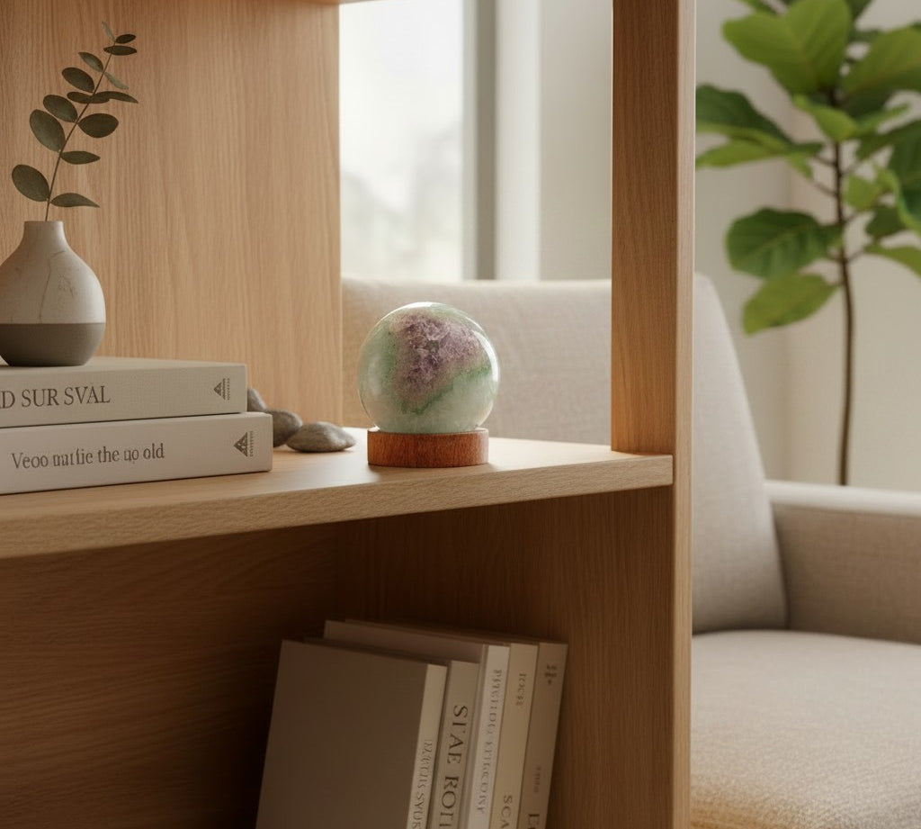 A round crystal ball with a purple and green marbled pattern sits on a wooden base on a light wood shelf, styled with books and a small vase in a bright, modern room.
