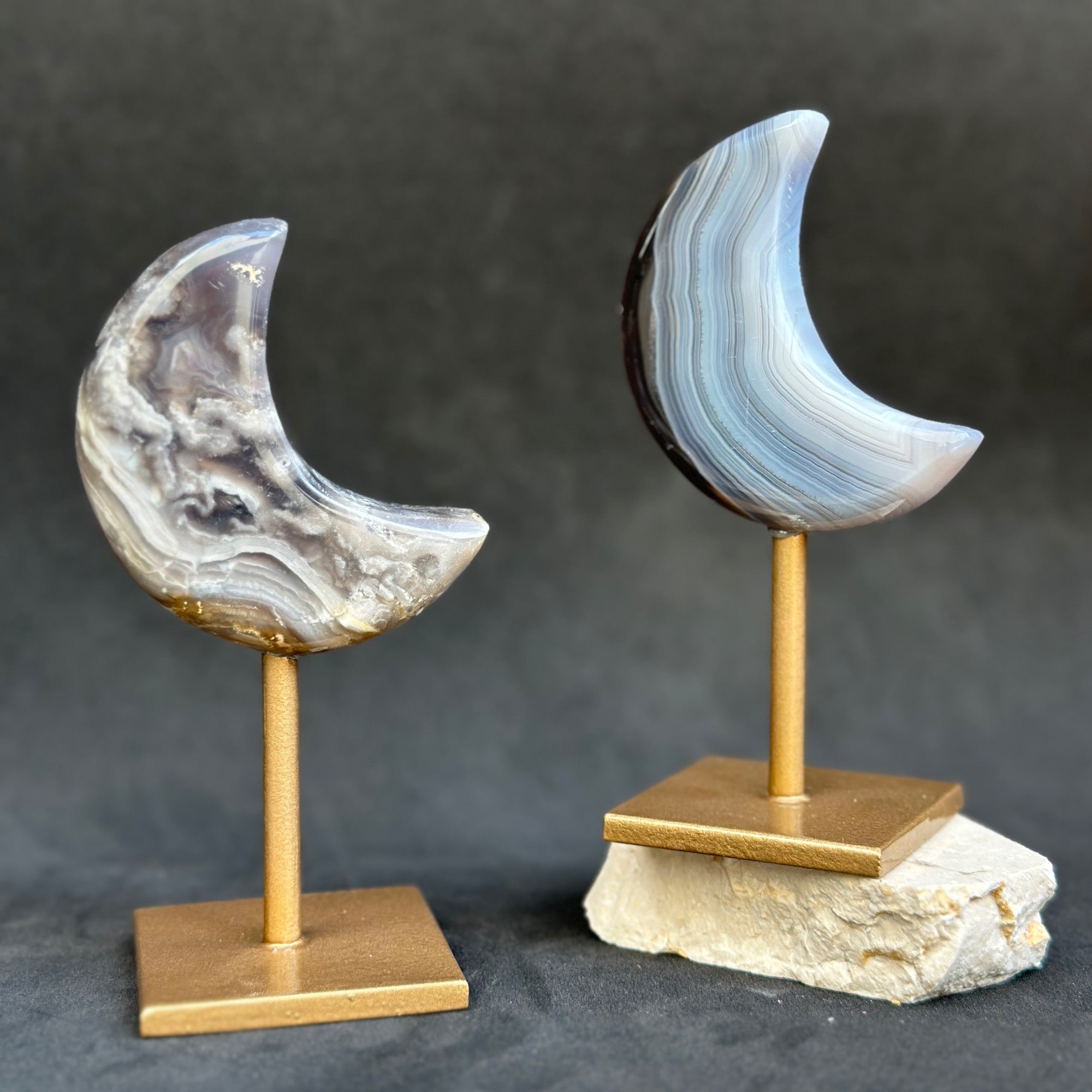 Moon Gifts (3 units set), Amethyst Agate Jasper Moon Crystals with Display Stand