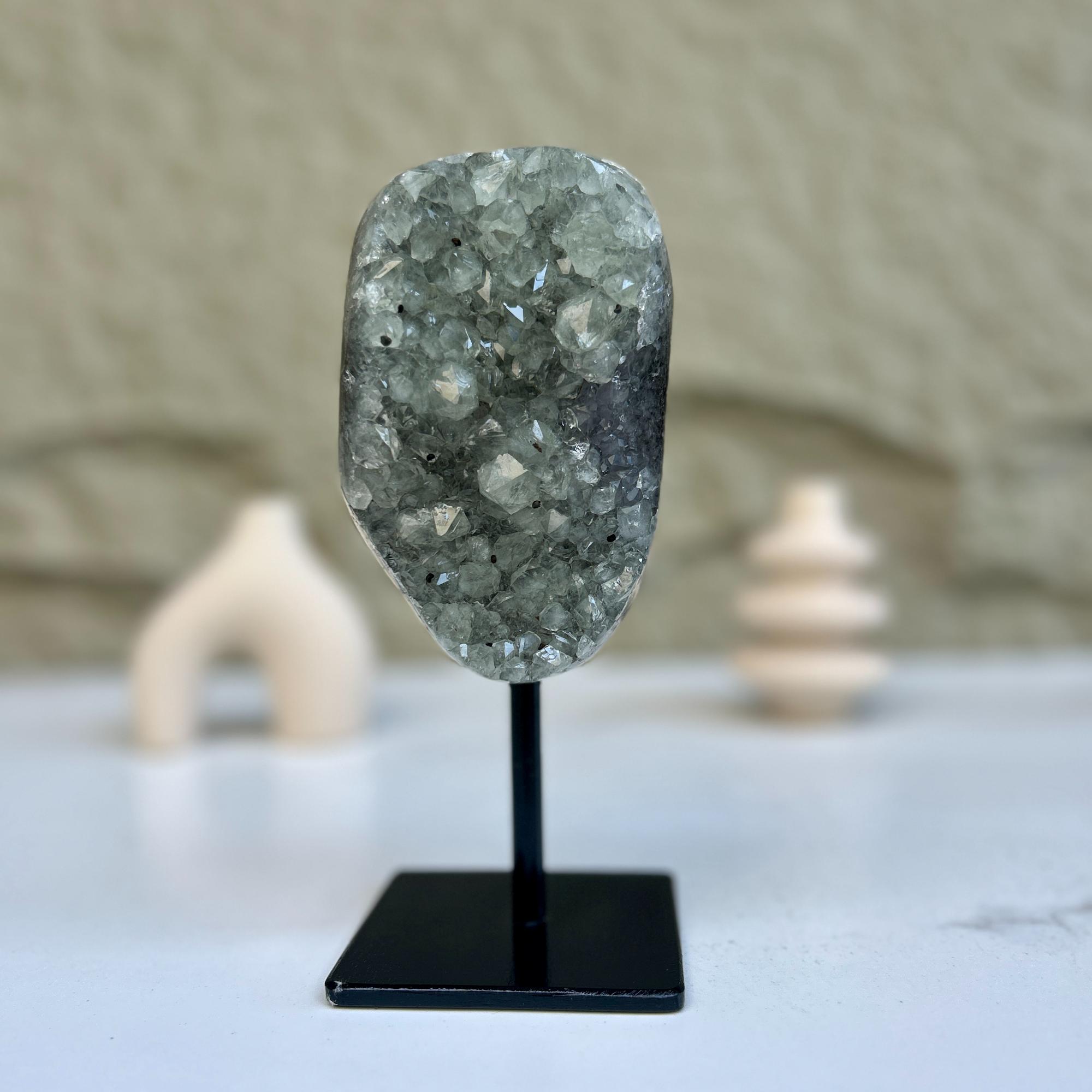 gray quartz crystal on display

