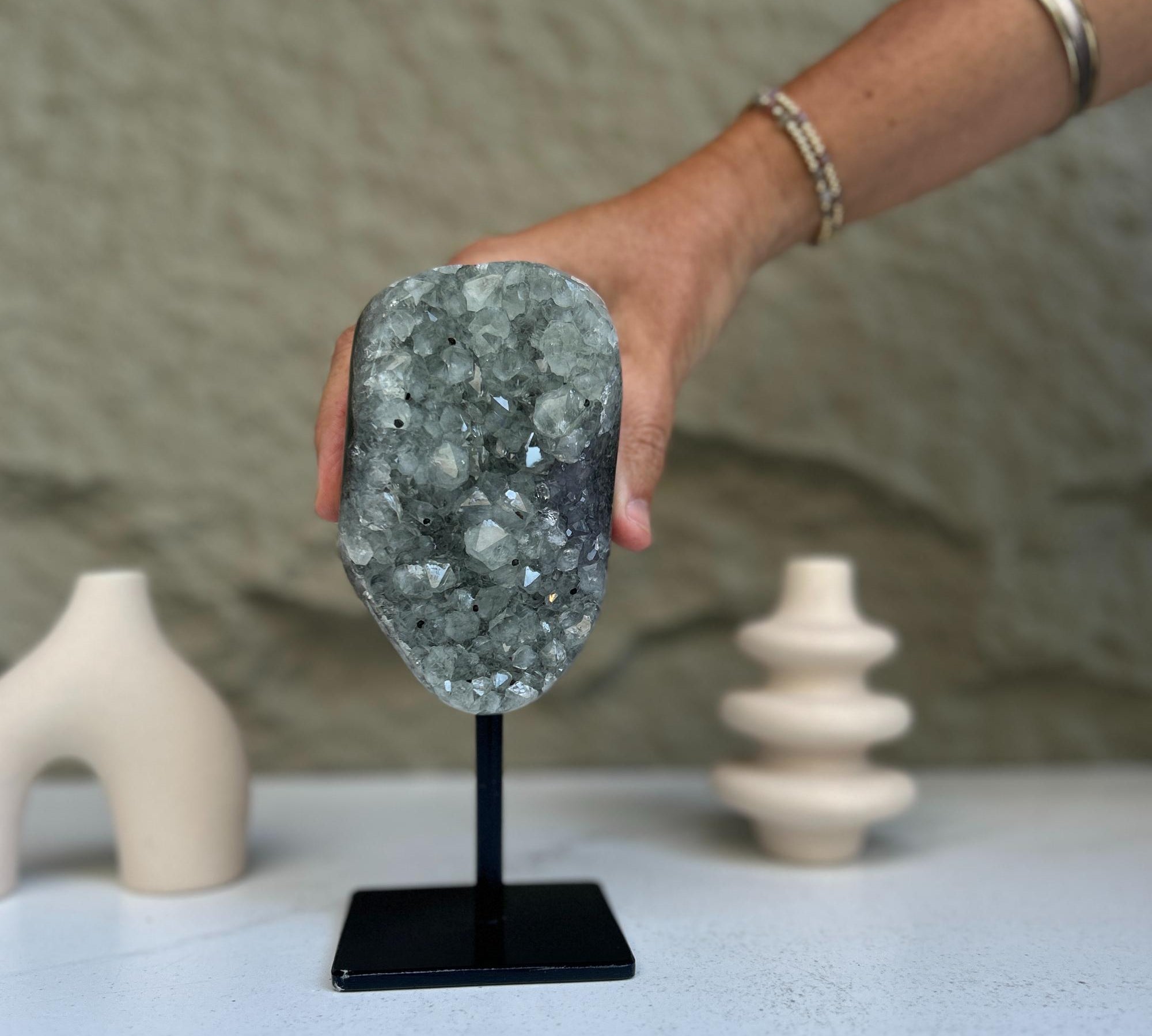 gray quartz crystal on display