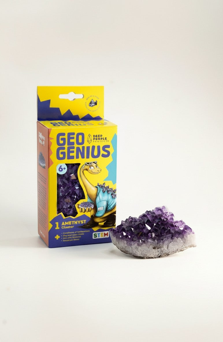 DeepPurpleProject Geo Genius Amethyst STEM Discovery Kit for kids, includes real amethyst cluster, learning guide, stickers and stand.