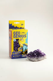 DeepPurpleProject Geo Genius Amethyst STEM Discovery Kit for kids, includes real amethyst cluster, learning guide, stickers and stand.