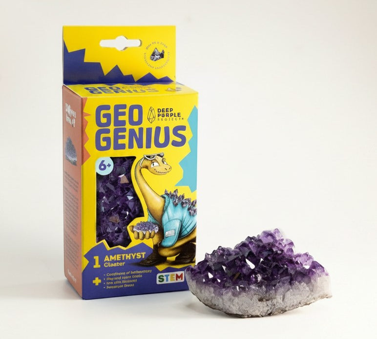 DeepPurpleProject Geo Genius Amethyst STEM Discovery Kit for kids, includes real amethyst cluster, learning guide, stickers and stand.