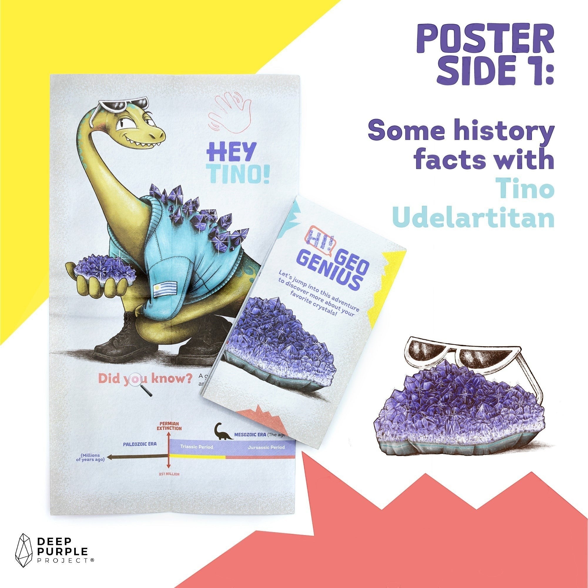 DeepPurpleProject Geo Genius Amethyst STEM Discovery Kit for kids, includes amethyst crystals, poster, stickers and stand.