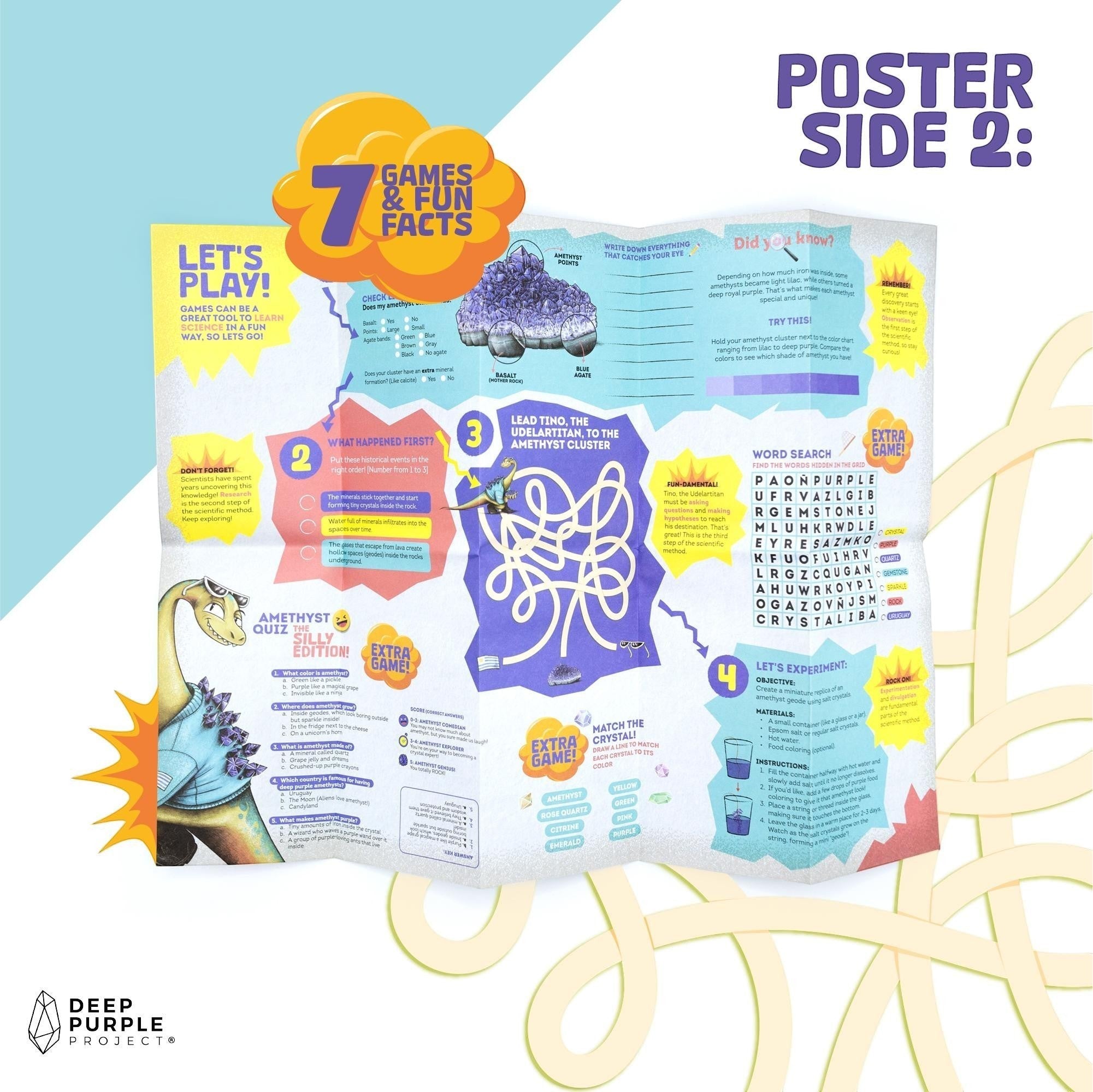 DeepPurpleProject Geo Genius Amethyst STEM Discovery Kit for kids, educational poster with games, quizzes, and experiments about amethyst.