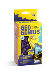 Caja de kit de descubrimiento STEM Geo Genius de DeepPurpleProject con un racimo de amatista natural y un dinosaurio amigable. Para niños de 6+ años.