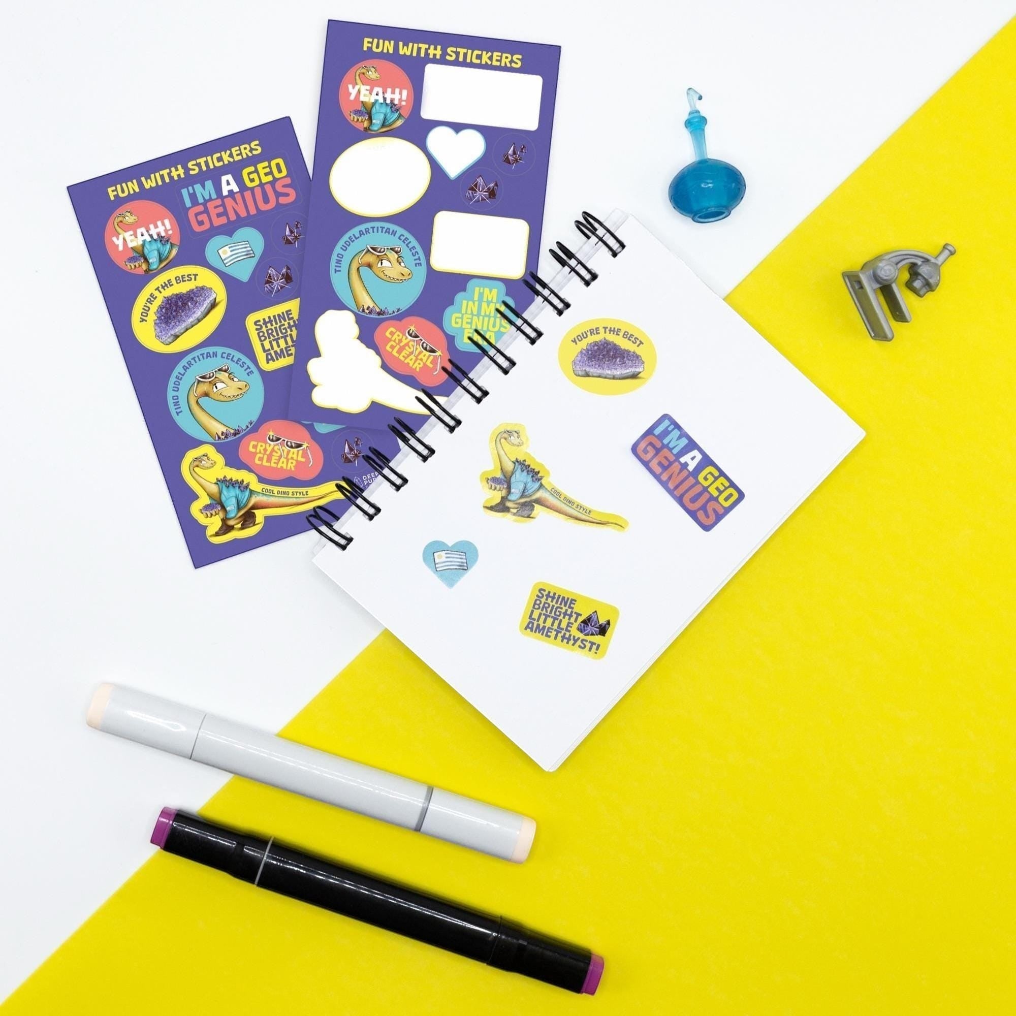 DeepPurpleProject Geo Genius Amethyst STEM Discovery Kit with stickers, notebook, and art supplies for kids.
