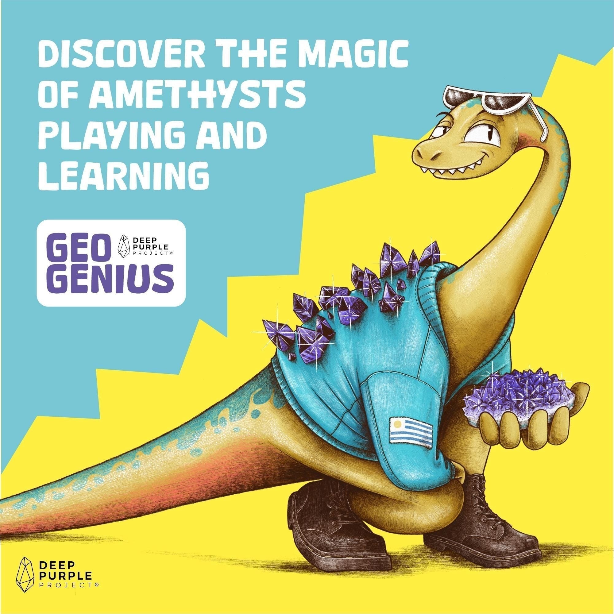 Dinosaur con cristales de amatista en su chaleco y mano, con el logo de Geo Genius de Deep Purple Project.