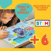 Niña con kit de descubrimiento STEM Geo Genius de DeepPurpleProject, con amatista natural y póster educativo.