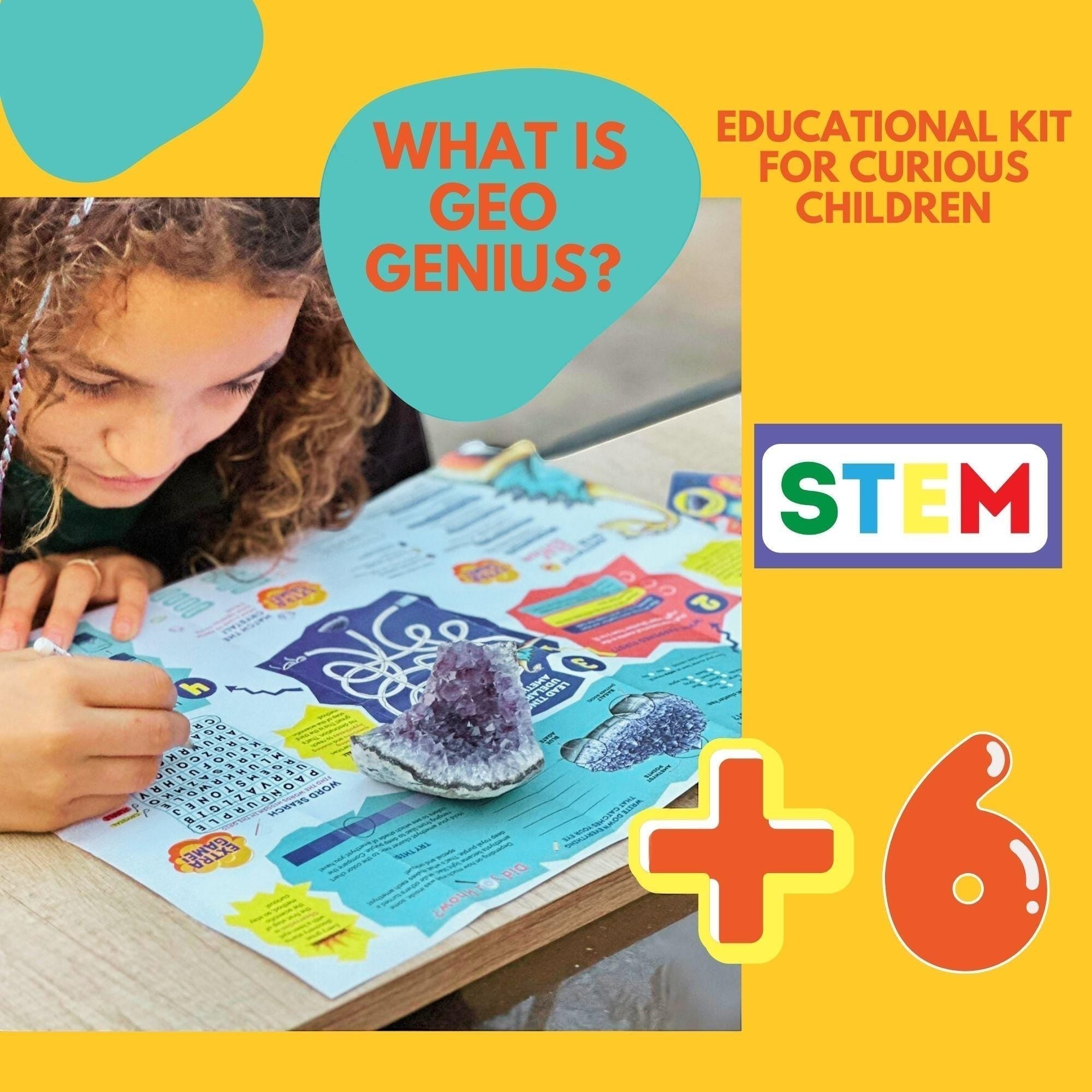 Niña con kit de descubrimiento STEM Geo Genius de DeepPurpleProject, con amatista natural y póster educativo.