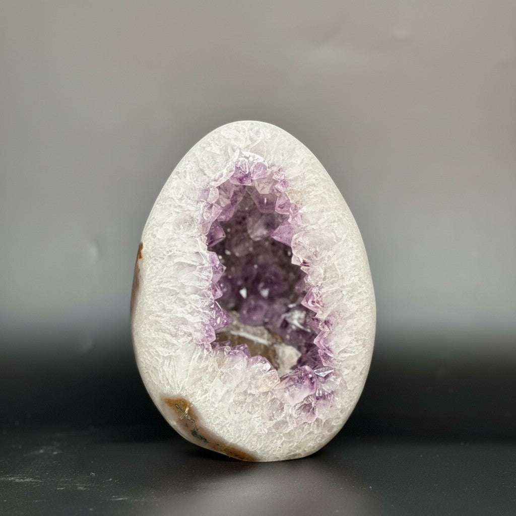 DeepPurpleProject Natural Amethyst Geode Cave, egg-shaped with vibrant purple crystals inside and white quartz exterior.