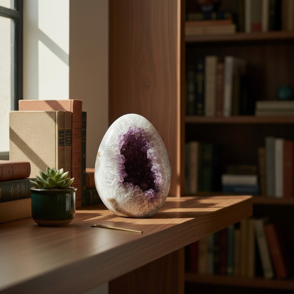 DeepPurpleProject Natural Amethyst Geode Cave, egg-shaped with vibrant purple crystals inside and white exterior. Home decor.