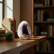 DeepPurpleProject Natural Amethyst Geode Cave, egg-shaped with vibrant purple crystals inside and white exterior. Home decor.