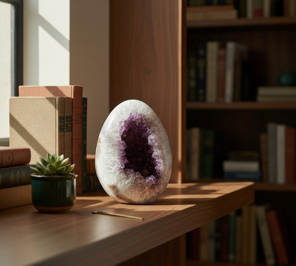 DeepPurpleProject Natural Amethyst Geode Cave, egg-shaped with vibrant purple crystals inside and white exterior. Home decor.