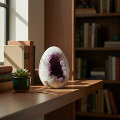 DeepPurpleProject Natural Amethyst Geode Cave, egg-shaped with vibrant purple crystals inside and white exterior. Home decor.