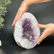 DeepPurpleProject Natural Amethyst Geode Cave with purple crystals and white quartz exterior, 9.5 inches tall.