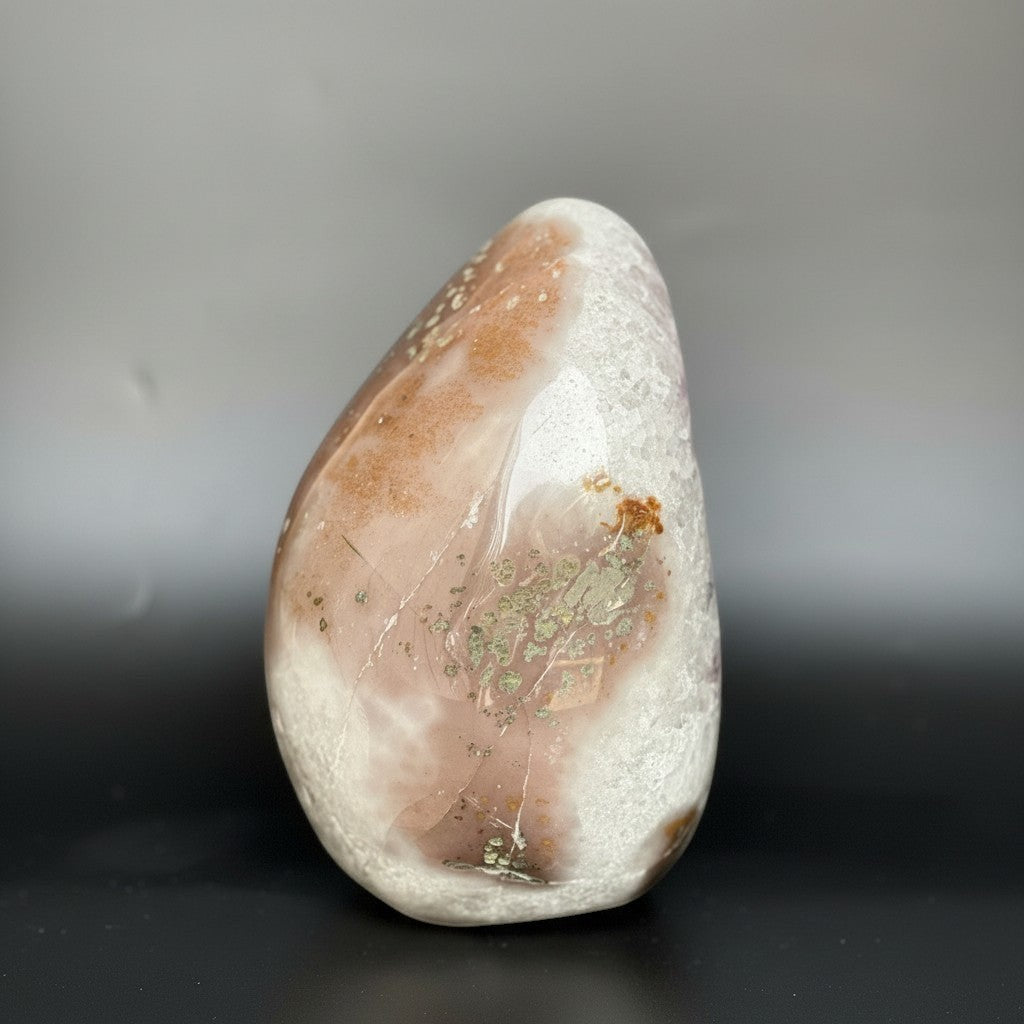 DeepPurpleProject Natural Amethyst Geode Cave, polished stone with pink, white and green inclusions, unique home decor.