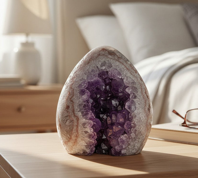 Amethyst geode on a wooden surface with a bedroom background