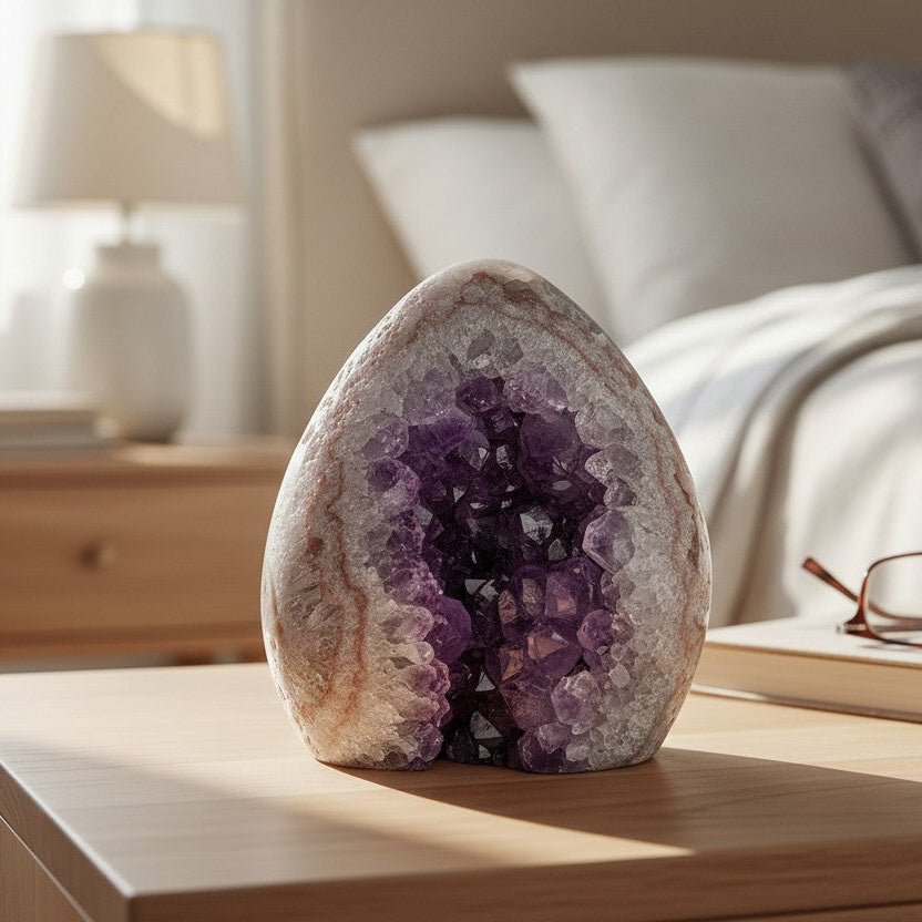Amethyst geode on a wooden surface with a bedroom background