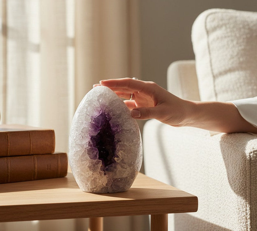 Person holding an amethyst geode on a wooden table with books and a plant in a bright room.