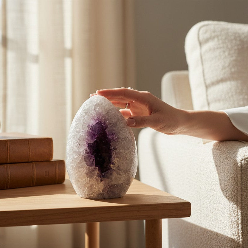 Person holding an amethyst geode on a wooden table with books and a plant in a bright room.