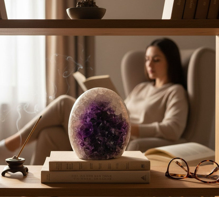 Woman reading a book in a cozy room with a crystal ball on a shelf.