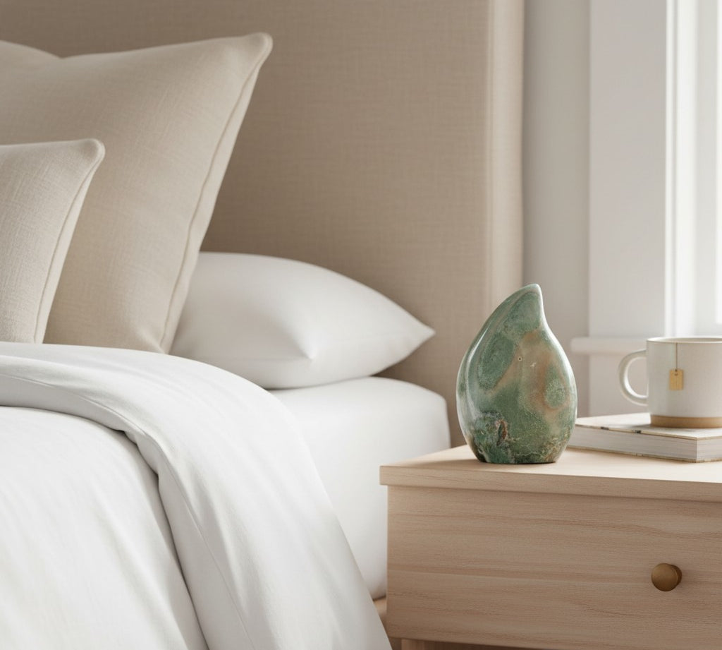 A styled bedroom scene with a neatly made bed in white linens and beige pillows beside a light wood nightstand holding a green jasper teardrop-shaped ceramic vase, a book, and a white mug.