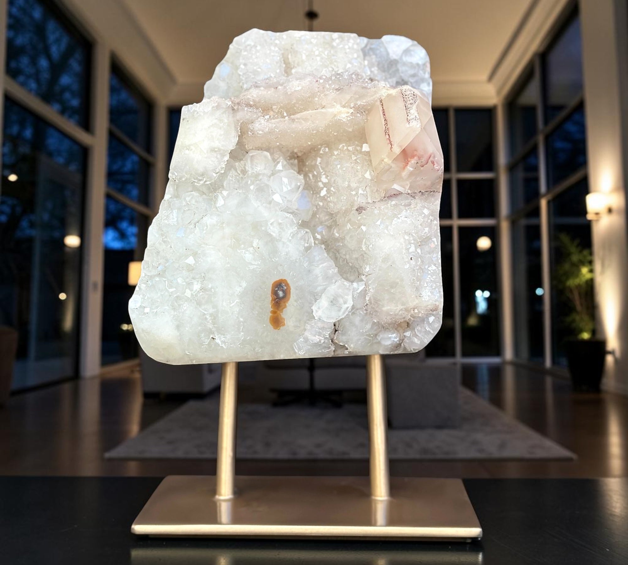Crystal rock on a stand in a modern indoor setting