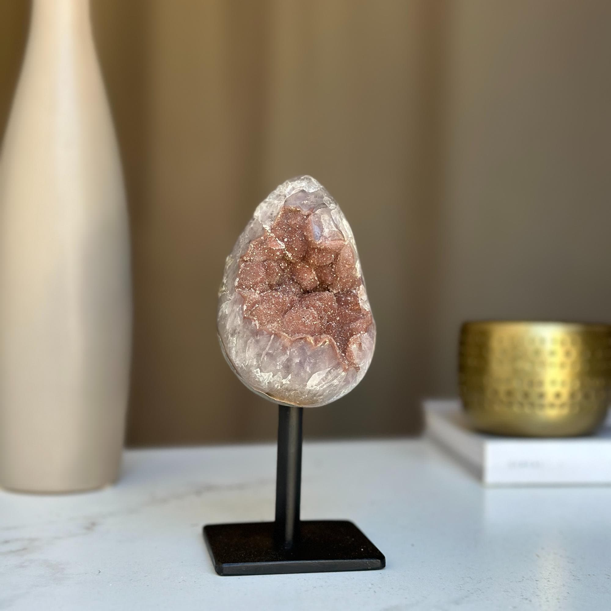 Egg Shaped Crystal on Stand, Agate and Pink Amethyst, Rare Unique Jasper and Agate Crystal on Metal Stand, Elevate your home decor