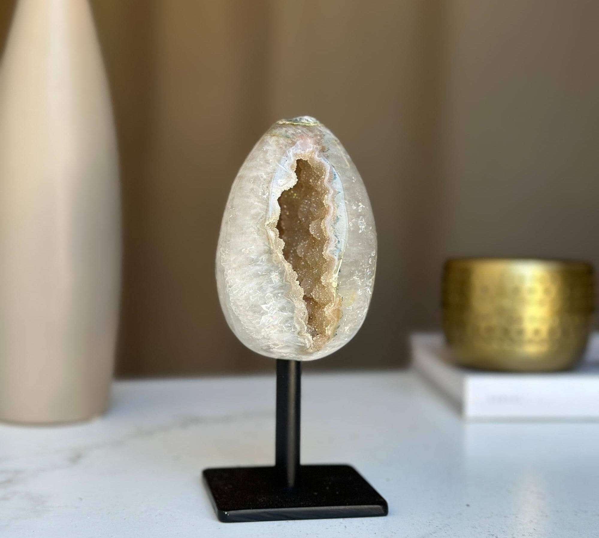 Egg Shaped Crystal on Stand, Agate and Pink Amethyst, Rare Unique Jasper and Agate Crystal on Metal Stand, Elevate your home decor