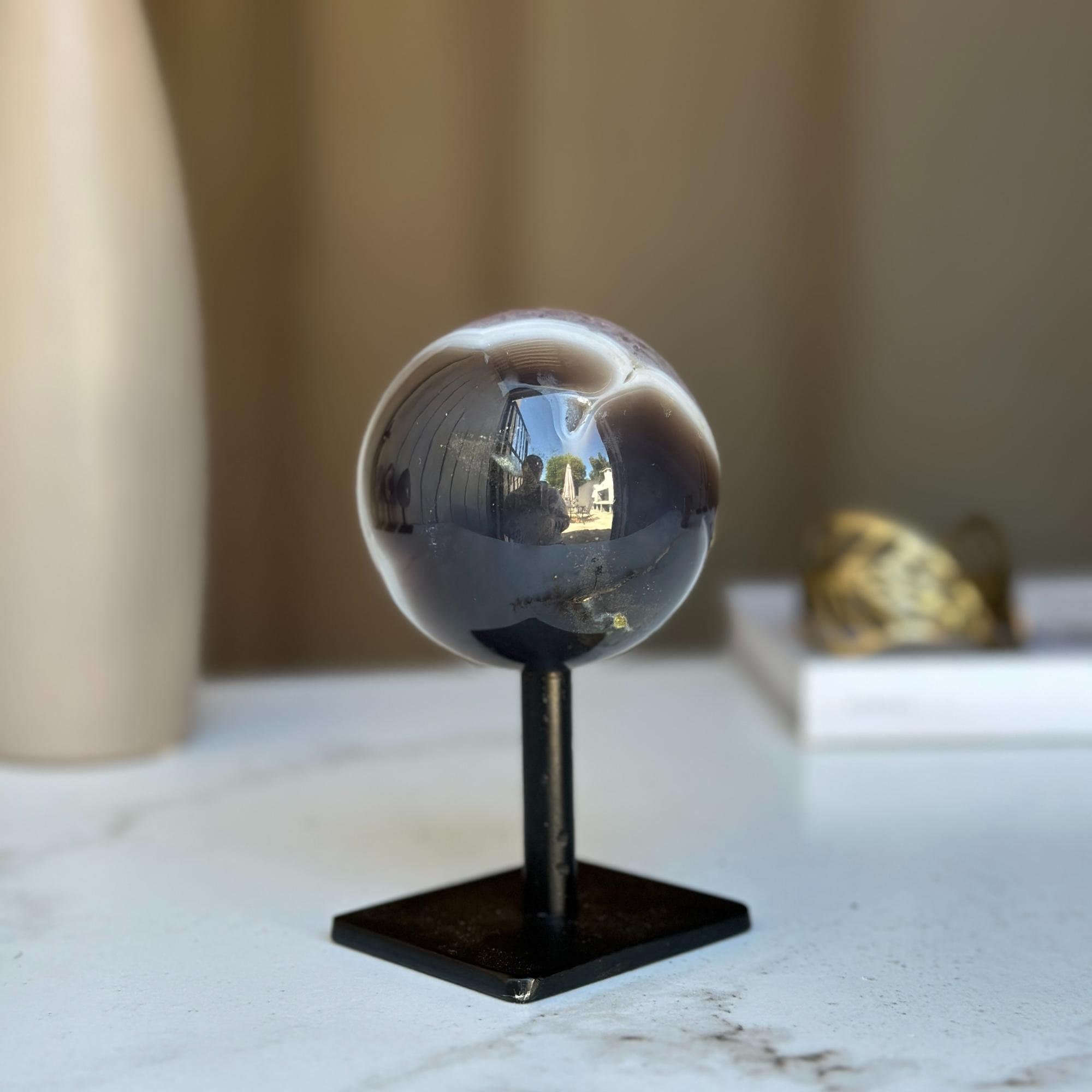 Sphere Amethyst Crystal on Stand, Crystal Ball in metallic base, Unique home decoration piece, one of a kind specimen