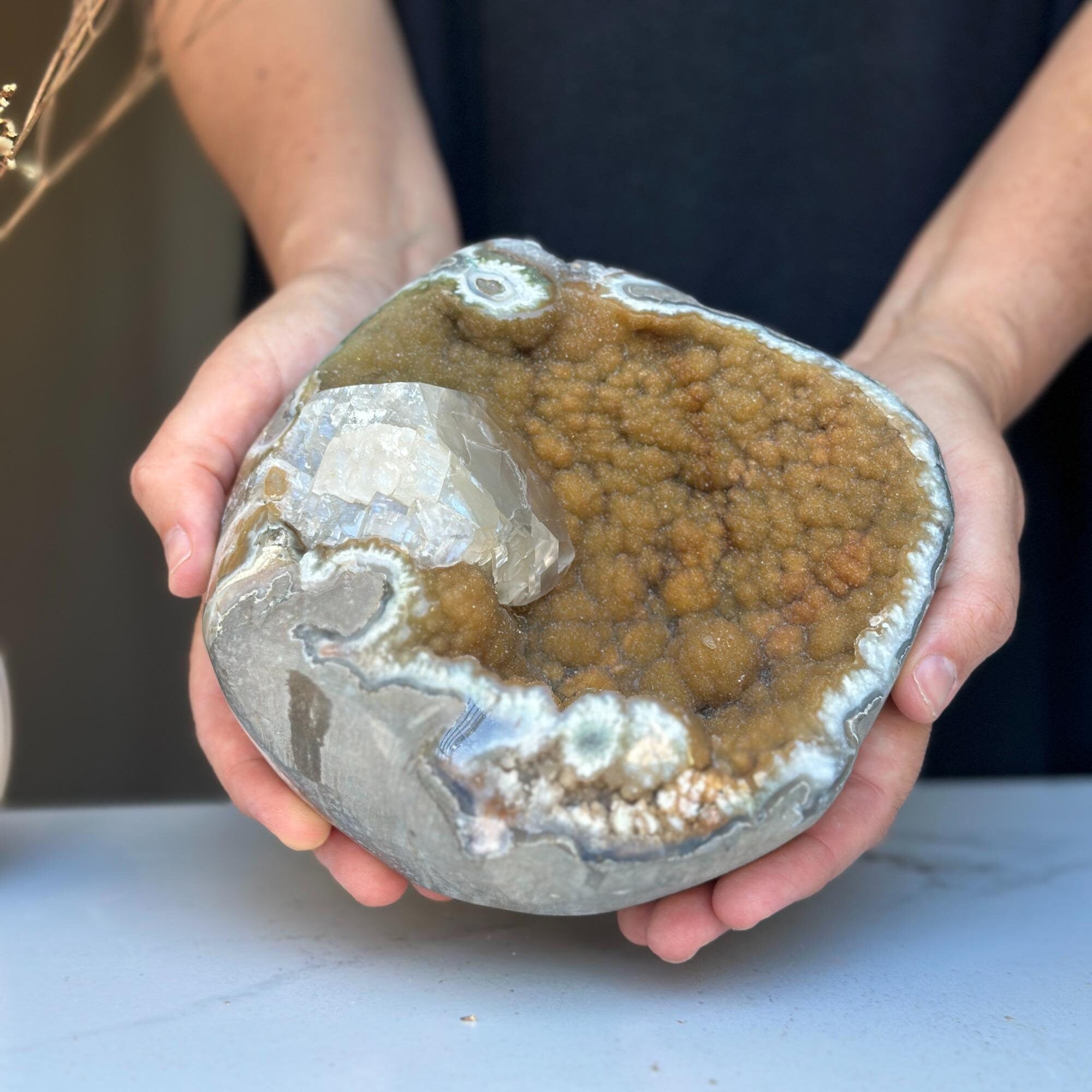 Rare find, Natural quartz microcrystal Centerpiece, Unique geode bowl for tabletop decor, flat crystal round shaped