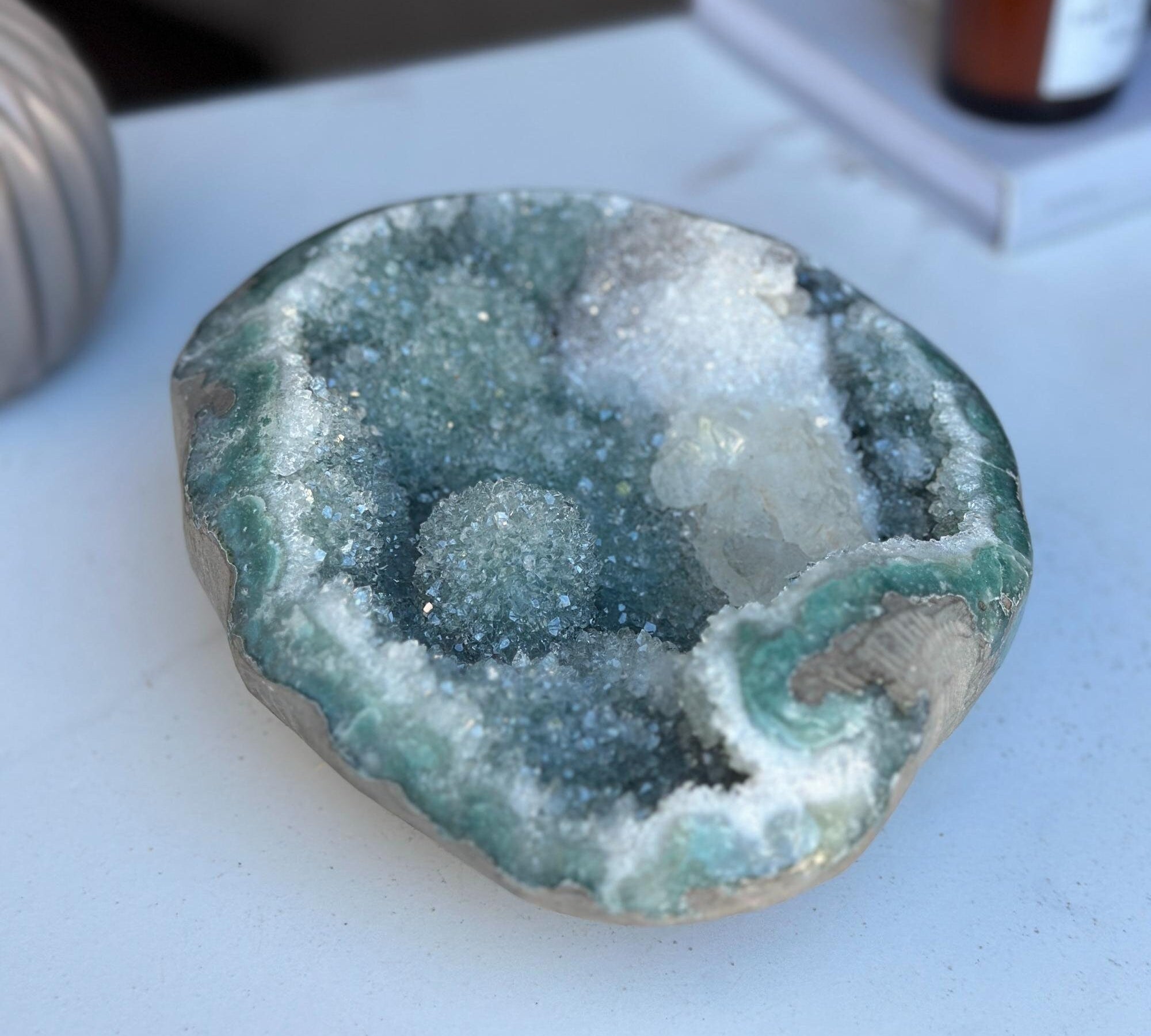 Green Jasper and Calcite Geode Bowl, Natural Quartz Crystal Round Shaped Cluster, Home Decor Crystal Geode Cave, Tabletop Centerpiece