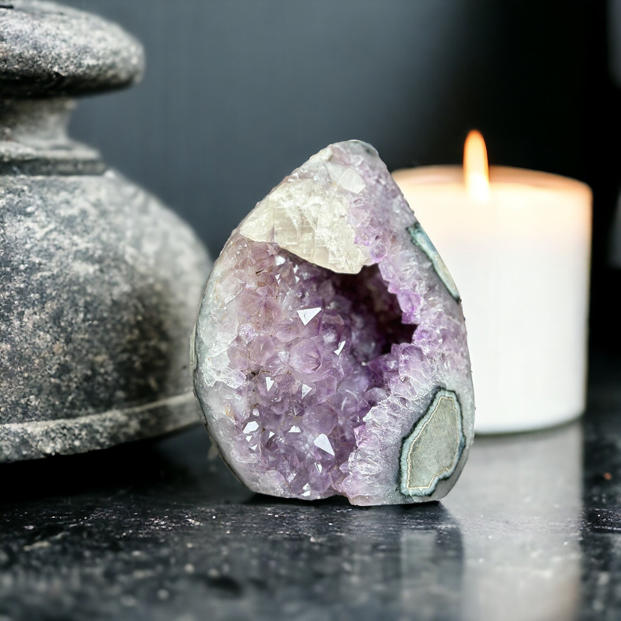 Extra Large Flame Crystal Carving, 6 in tall Amethyst Flame with Calcite and Agate formations, Natural Geode Flame, Freestanding Amethyst