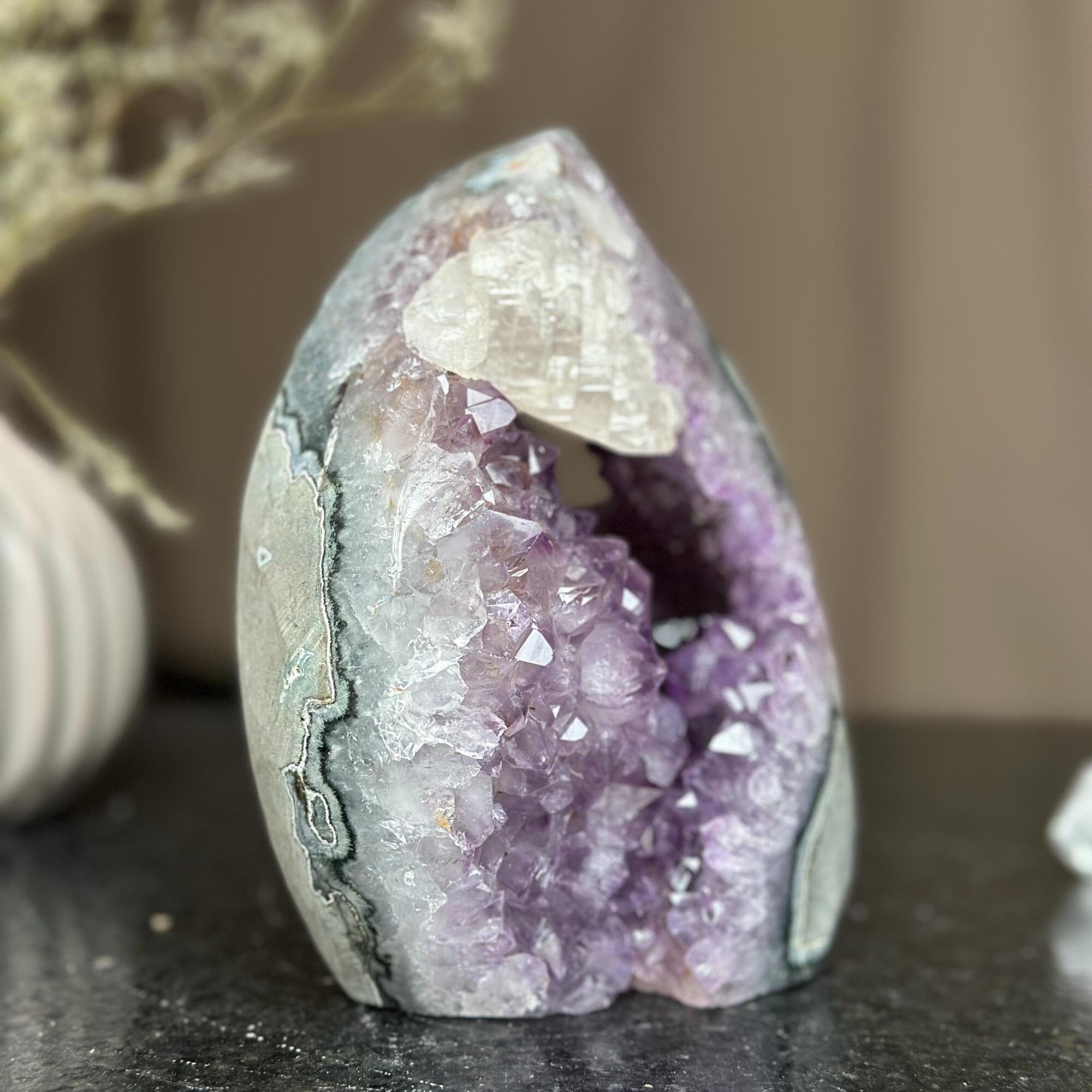 Extra Large Flame Crystal Carving, 6 in tall Amethyst Flame with Calcite and Agate formations, Natural Geode Flame, Freestanding Amethyst