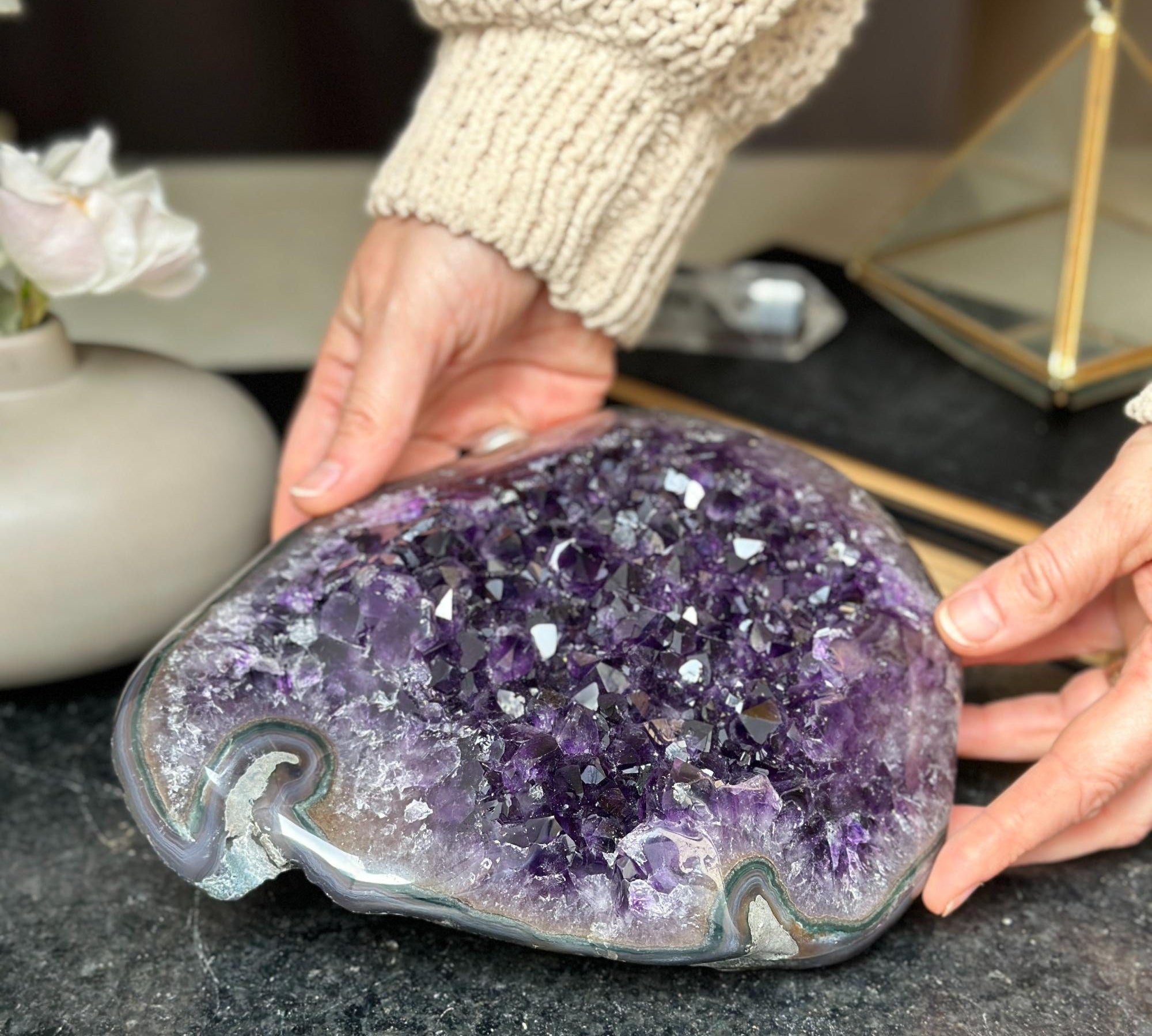 Flat Natural amethyst centerpiece, Unique geode for tabletop decor, rare find with agate formations