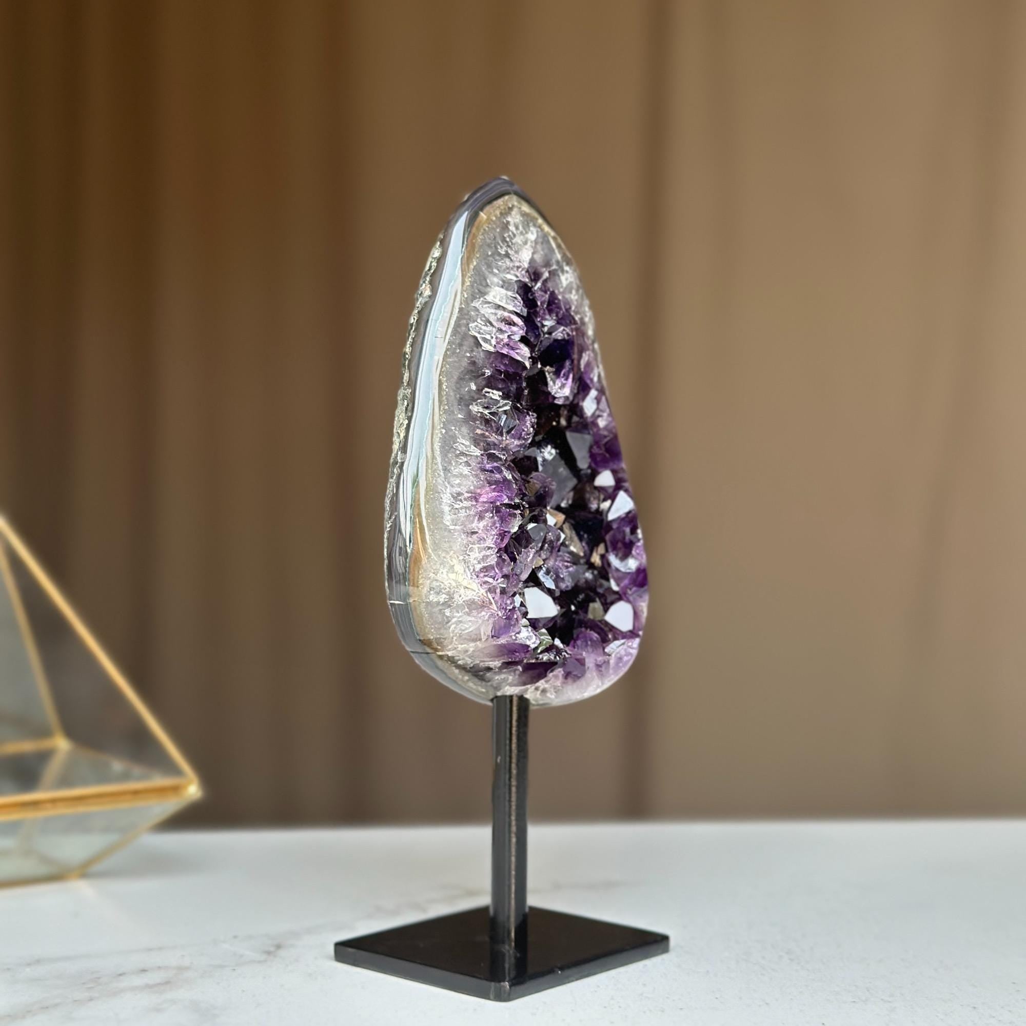 Natural Amethyst Crystal Geode, Purple Amethyst Crystal on Stand, Metallic Stand Included