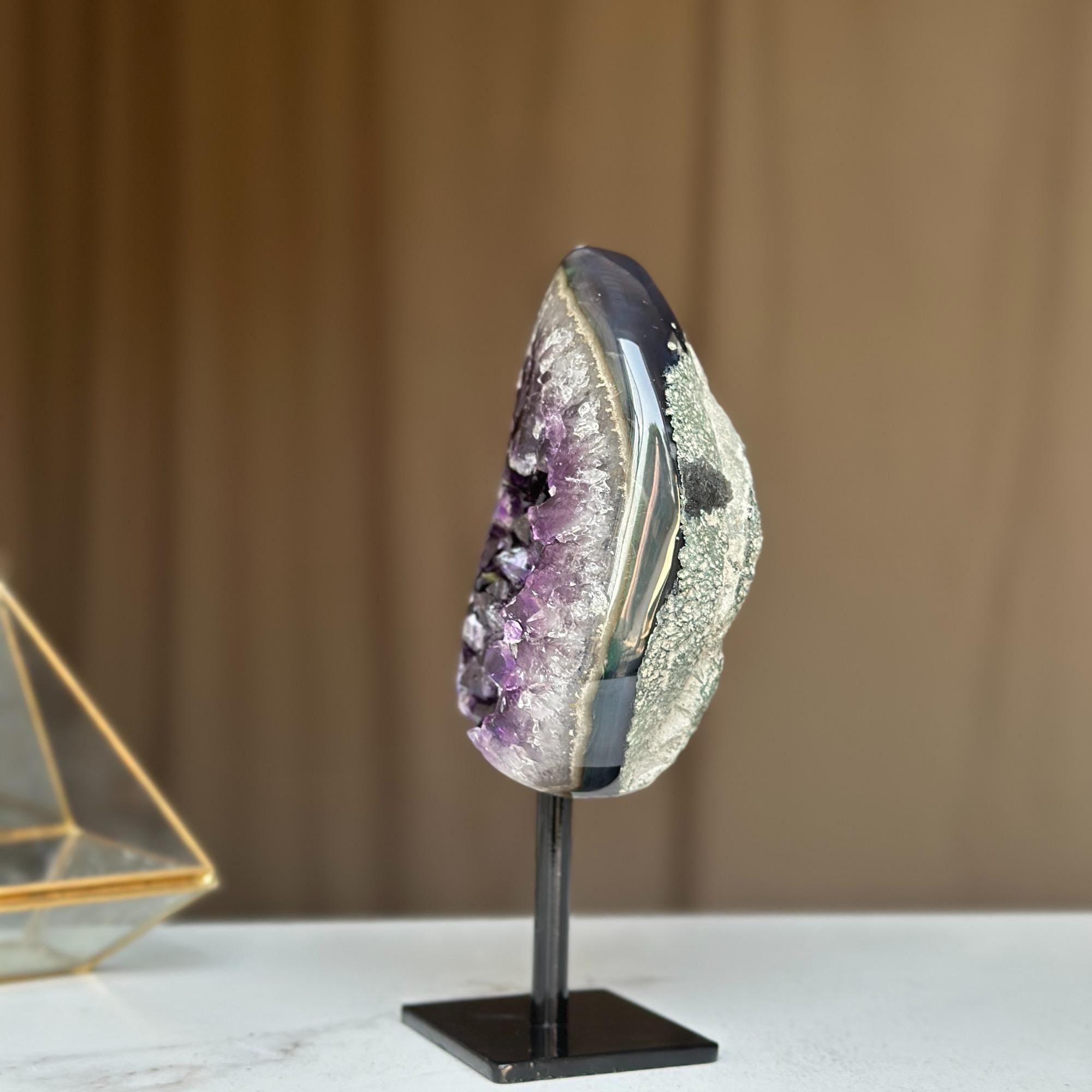 Natural Amethyst Crystal Geode, Purple Amethyst Crystal on Stand, Metallic Stand Included