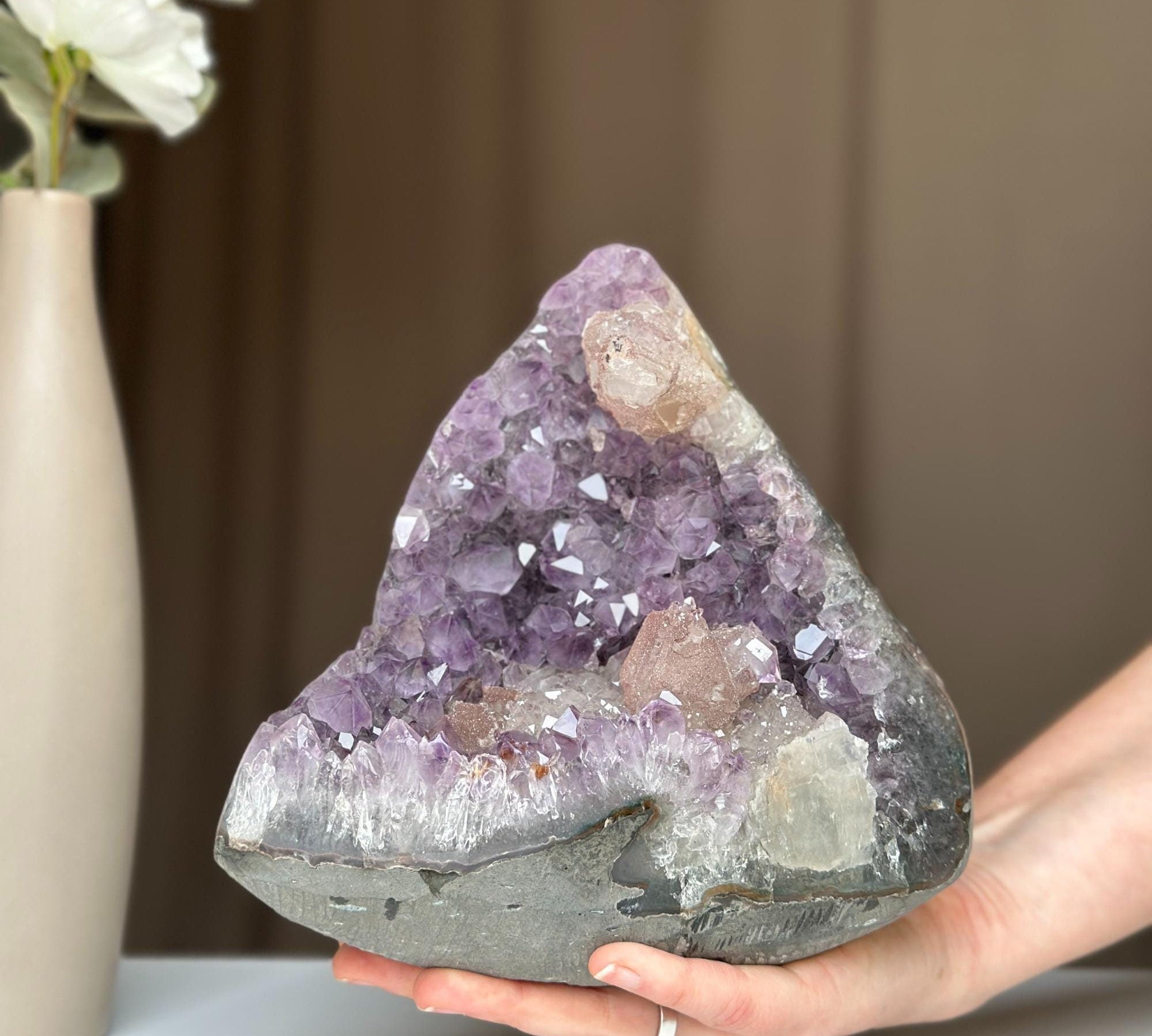 Amethyst with Calcite and Shiny Pink Microcrystals, Rare Geode in a Pyramid shape with colorful microcrystals, Unique find for collectors