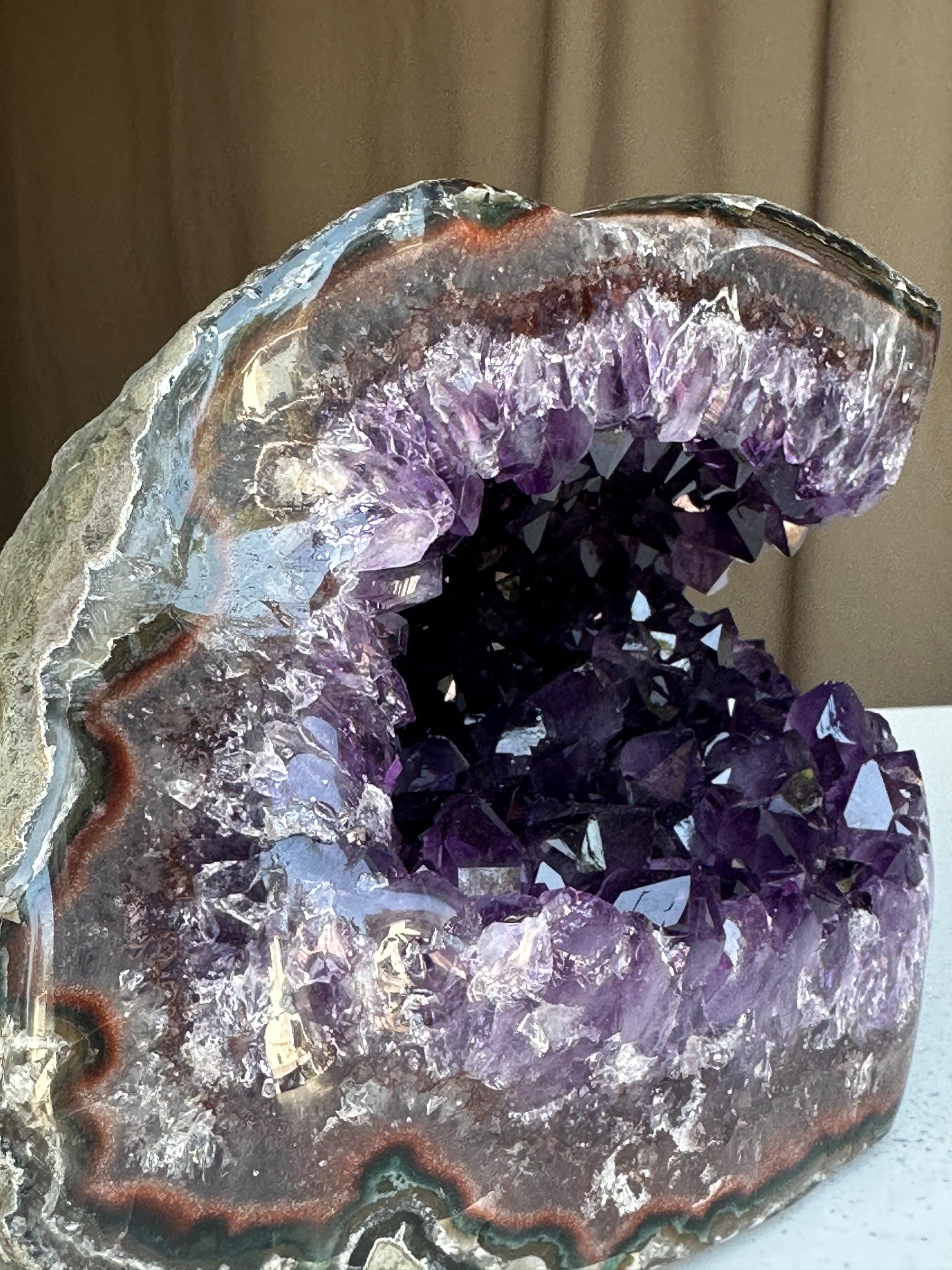 Amethyst Cave with Agate at edges, High quality geode 9 Lb weight, intense purple points, red jasper and green agate formations