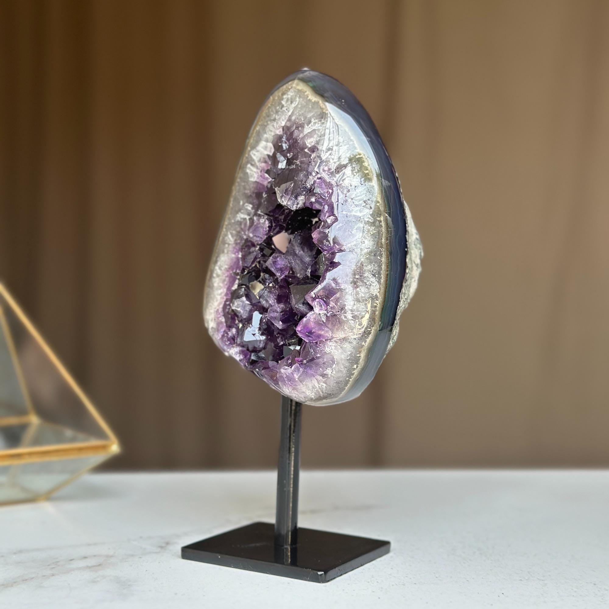 Natural Amethyst Crystal Geode, Purple Amethyst Crystal on Stand, Metallic Stand Included